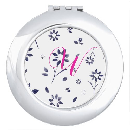 Monogram Blue Hot Pink Floral Watercolor Pattern Compact Mirror