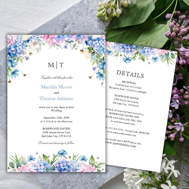 Monogram Blue Hydrangea Border Wedding All In One  Invitation (Creator Uploaded)