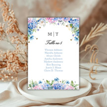 Monogram Blue Hydrangea Table Seating Chart Card