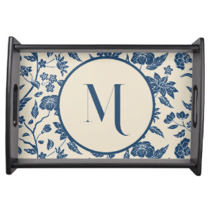 Monogram Blue Ivory Chinoiserie Floral Pattern Serving Tray