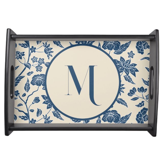 Monogram Blue Ivory Chinoiserie Floral Pattern Serving Tray (Front)
