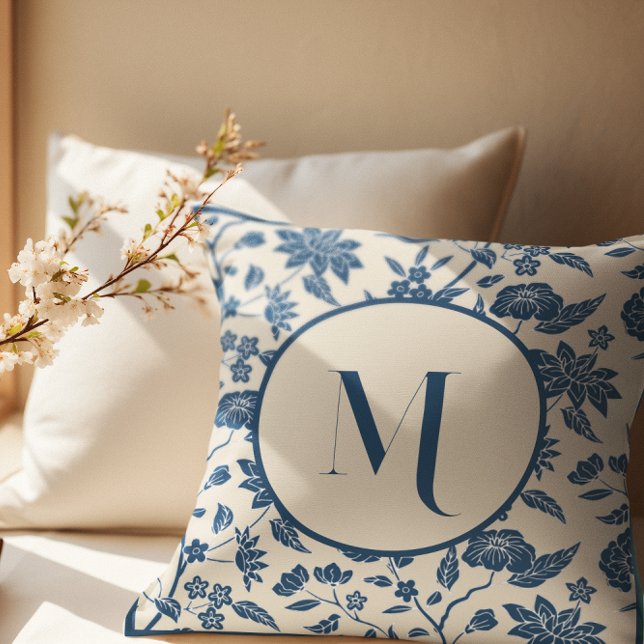Monogram Blue Ivory Chinoiserie Floral Pattern Throw Pillow (Creator Uploaded)