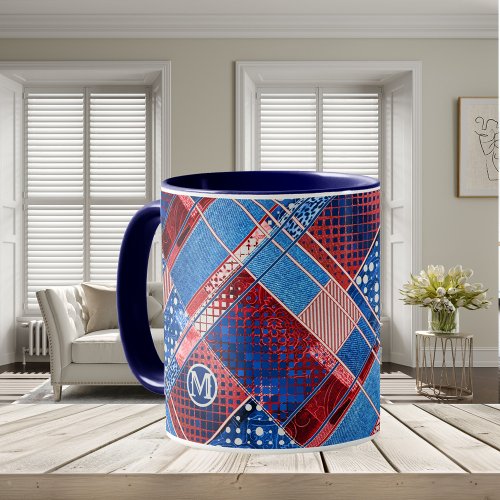 Monogram Blue Jeans Patchwork Pattern Mug