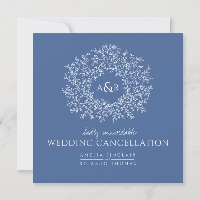 Monogram blue leaves wedding cancellation announcement (Front)