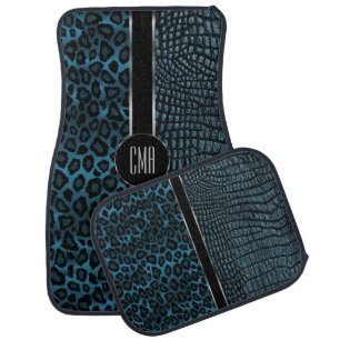Monogram Blue Leopard and Leather Design Car Floor Mat