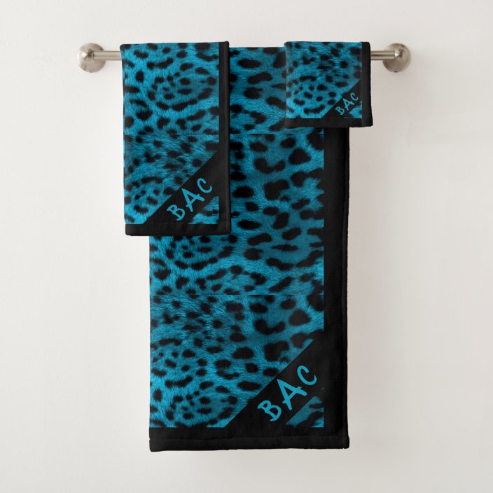 Monogram Blue Leopard Print Bath Towel Set