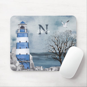 Monogram Blue Lighthouse Watercolor Art Mouse Pad