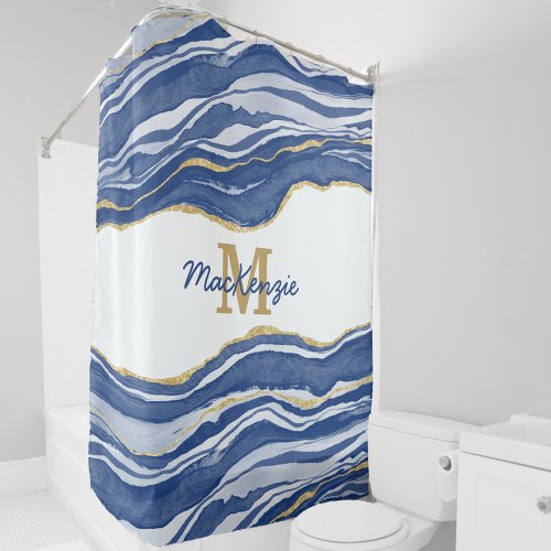 Monogram Blue Marble Agate Gold Glitter Shower Curtain