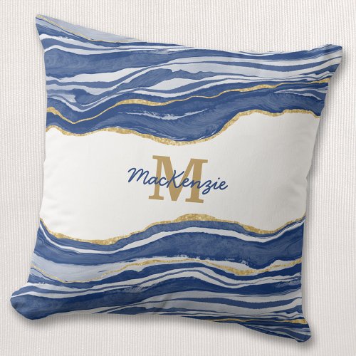 Monogram Blue Marble Agate Gold Glitter Throw Pillow