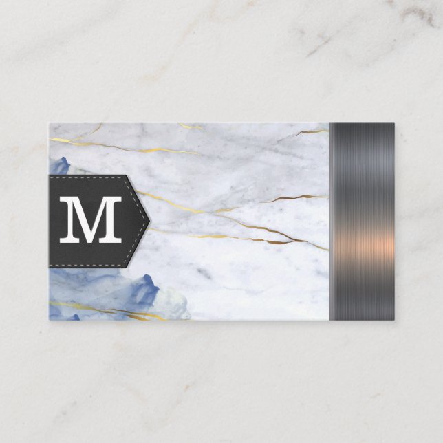Monogram | Blue Marble Metallic Trim Business Card (Front)