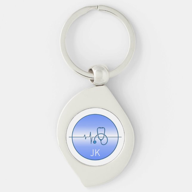 Monogram Blue Medical Stethoscope Heartbeat Keychain (Front)