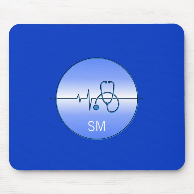 Monogram Blue Medical Stethoscope Heartbeat Mouse Pad (Front)