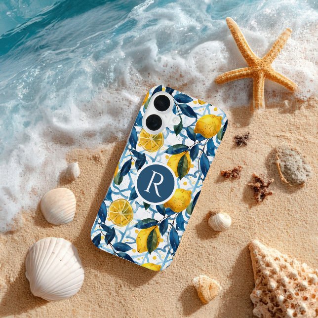 Monogram Blue Mediterranean Style Lemon Pattern  iPhone Case (Creator Uploaded)