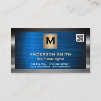 Monogram | Blue Metallic | Qr Code Business Card by lovely_businesscards at Zazzle