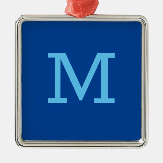 Monogram Blue Modern Add Your Name Initial Metal Ornament (Front)