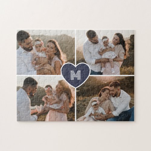 Monogram Blue Modern Family 4 Photo Collage Jigsaw Puzzle