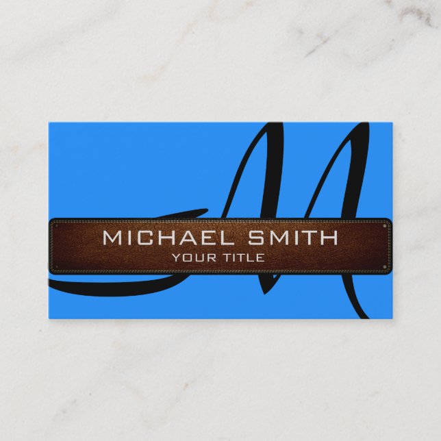 Monogram blue Modern Leather Look Business Card (Front)
