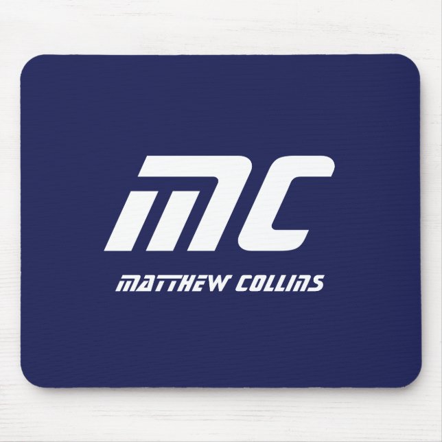Monogram Blue Modern Minimalist Name White Simple Mouse Pad (Front)
