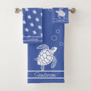 Monogram Blue n White Sea Turtle Nautical Bath Towel Set