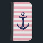 Monogram Blue Nautical Anchor Pastel Pink Stripe Samsung S4 Wallet Case<br><div class="desc">Elegant design with blue and white nautical boat anchor with pastel pink and white stripes background. Optional monogram.</div>