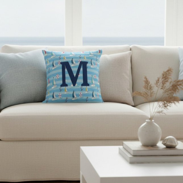 Monogram Blue Nautical Sailboat and Anchor Throw Pillow (Creator Uploaded)