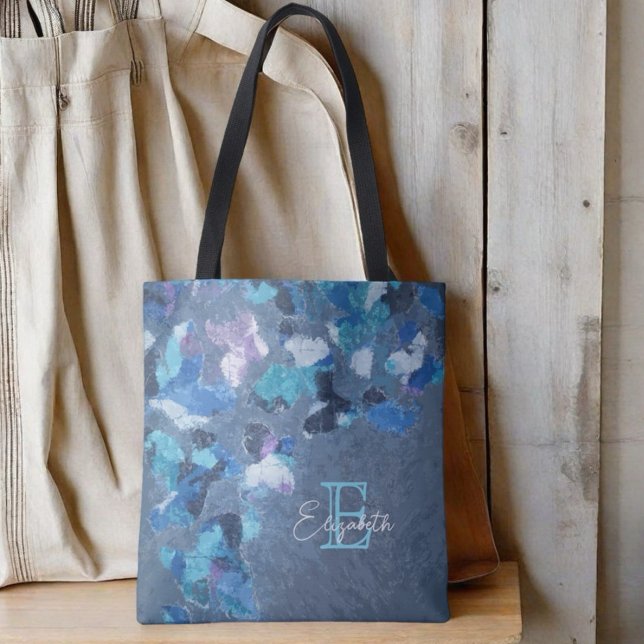 Monogram blue navy cyan purple calligraphy trendy tote bag (Creator Uploaded)