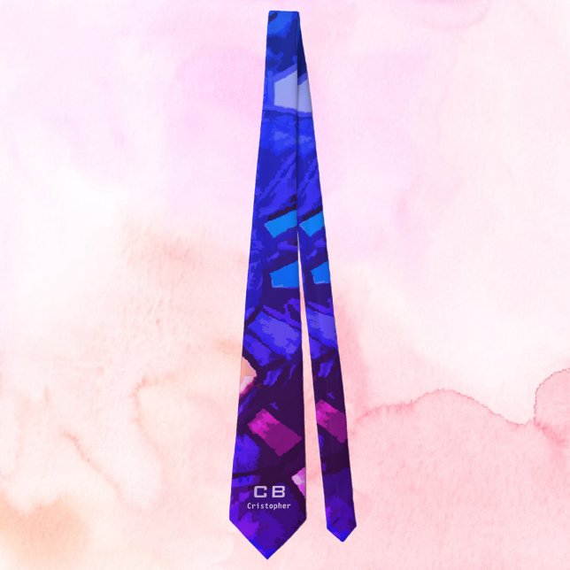 Monogram blue navy purple teal colorful abstract  neck tie (Creator Uploaded)