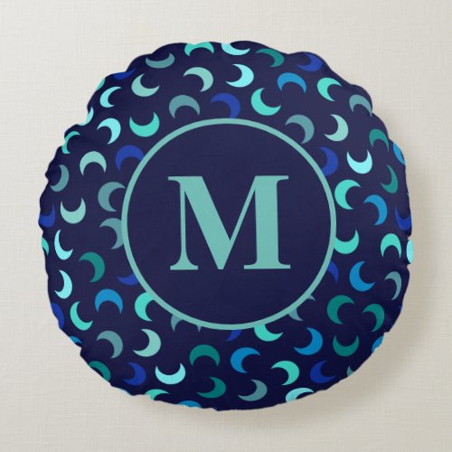 Monogram Blue New Moon Pattern Round Pillow