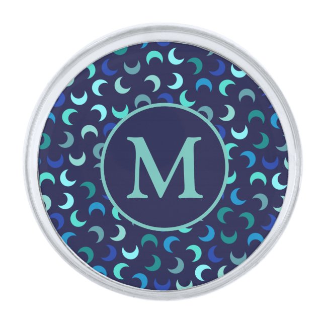 Monogram Blue New Moon Pattern Silver Finish Lapel Pin (Front)
