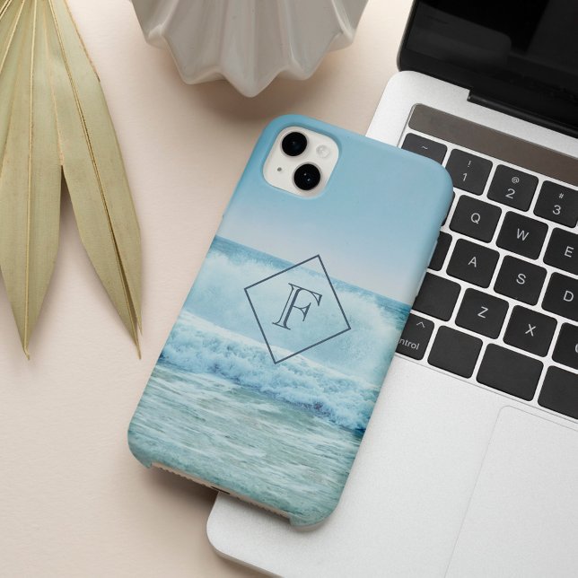 Monogram Blue Ocean Waves Crashing on Beach iPhone Case (Creator Uploaded)