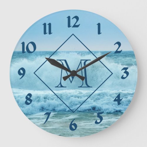 Monogram Blue Ocean Waves Crashing on Beach Large Clock