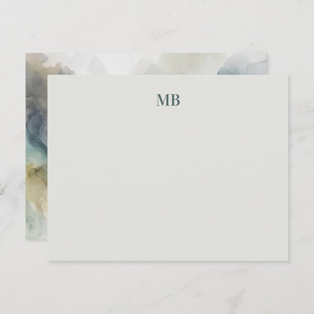 Monogram Blue Olive Green Abstract Ink Note Card (Front/Back)
