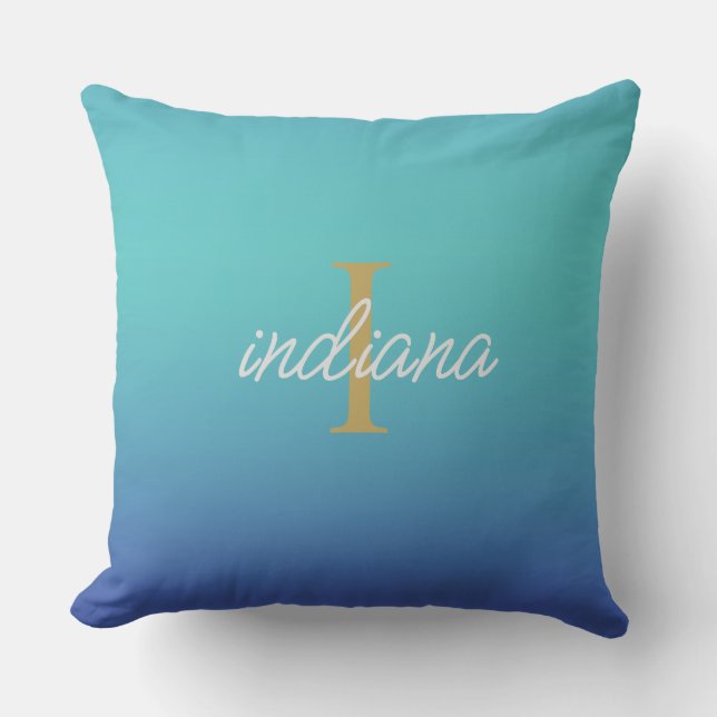 Monogram Blue Ombre Minimalist Outdoor Pillow (Front)