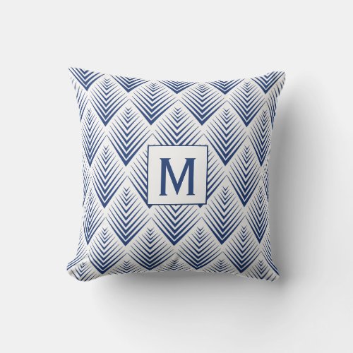 Monogram Blue on White Fan Flowers Art Deco    Outdoor Pillow