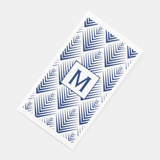 Monogram Blue on White Fan Flowers Art Deco    Paper Guest Towels (Corner)