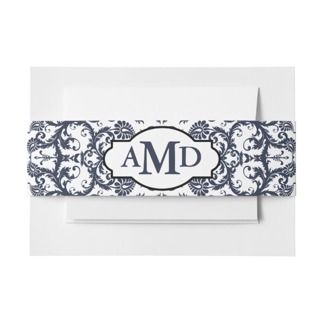 Monogram Blue Opulence Floral Damask Invitation Belly Band (Front Example)