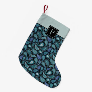 Monogram Blue Paisley Retro Pattern Small Christmas Stocking