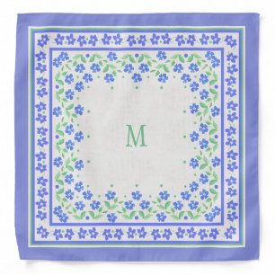 Monogram Blue Periwinkles Floral Border Faux Linen Bandana