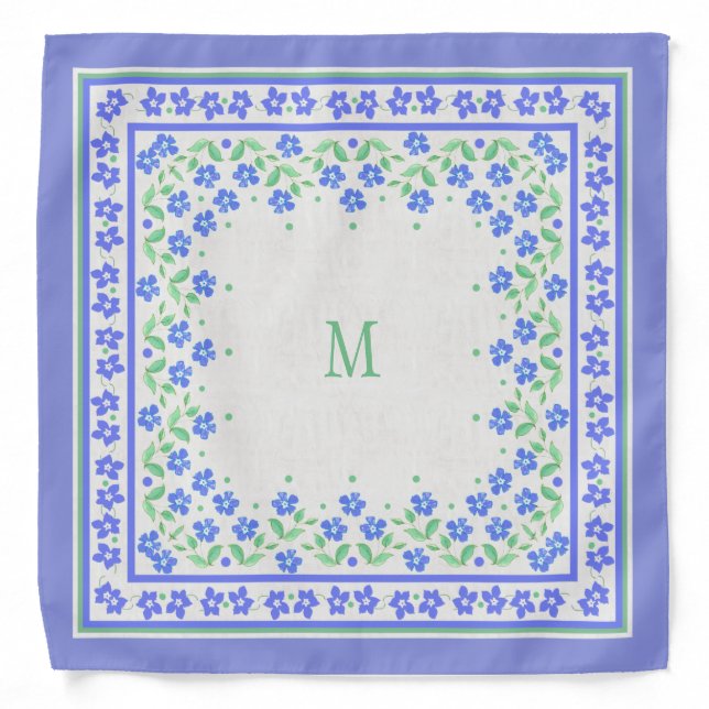 Monogram Blue Periwinkles Floral Border Faux Linen Bandana (Front)