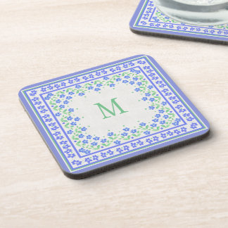 Monogram Blue Periwinkles Floral Border Faux Linen Beverage Coaster