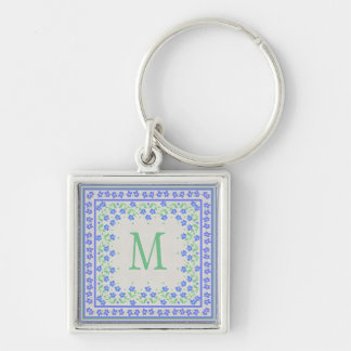 Monogram Blue Periwinkles Floral Border Faux Linen Keychain