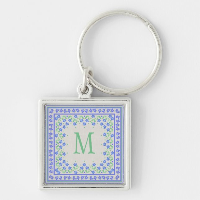 Monogram Blue Periwinkles Floral Border Faux Linen Keychain (Front)
