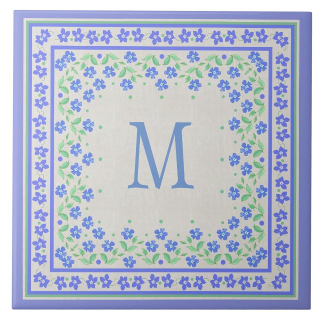 Monogram Blue Periwinkles Floral Border Faux Linen Tile (Front)