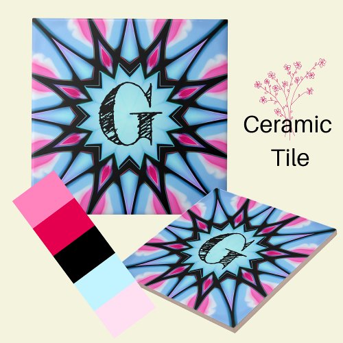 monogram blue pink and black abstract ceramic tile
