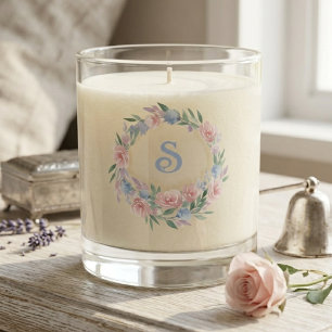 Monogram Blue Pink Floral Wreath Scented Candle