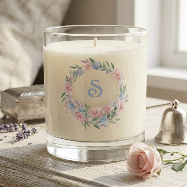 Monogram Blue Pink Floral Wreath Scented Candle (Monogram blue and pink floral wreath scented candle)