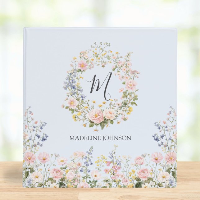 Monogram Blue Pink Flowers Floral Baby Memory Book 3 Ring Binder (In situ)