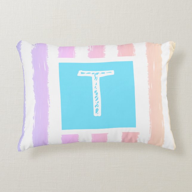 Monogram Blue Pink Watercolor Stripes  Accent Pillow (Front)