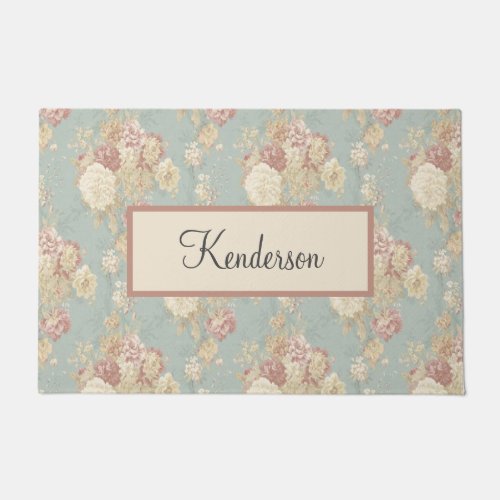 Monogram Blue Pink White Floral Cottage Core  Doormat