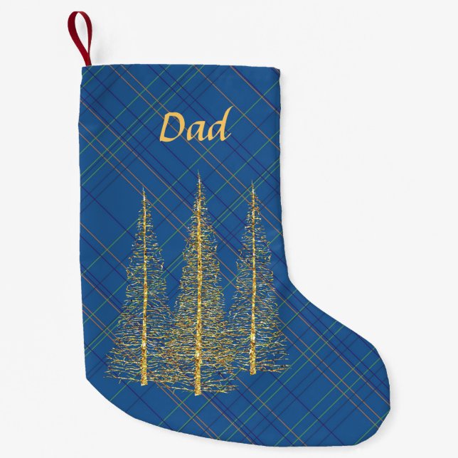 Monogram Blue Plaid Gold Trees Christmas Stocking (Front)